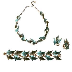 1960's Signed Mode Art Light Blue Enamel Leaves Bracelet Necklace Clip Earrings